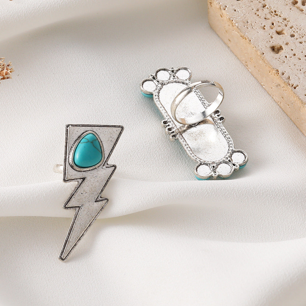 Wholesale Retro Bohemian Turquoise Lightning Shape 2-piece Set Alloy Ring